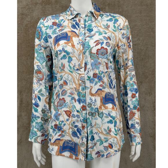 J McLaughlin Top Womens Small Lois Silk Button Up Sucre Blossom Floral Elephants - Picture 1 of 11